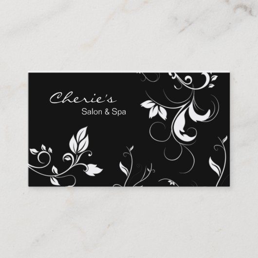 白黒の花柄の渦巻の名刺 名刺 (正面)