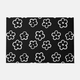 白黒の花柄 ドアマット