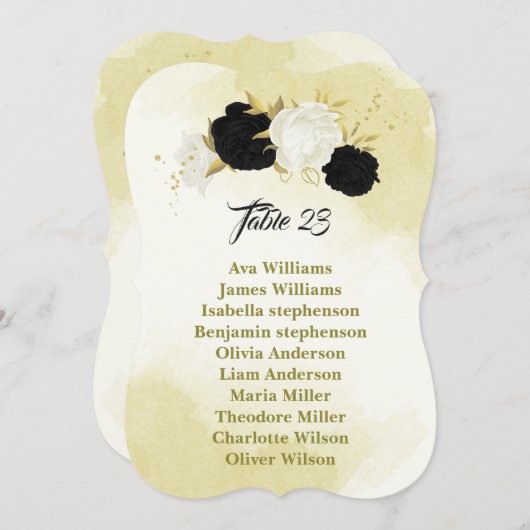 白黒の花葉金ゴールド座席表カード 招待状 (正面/裏面)