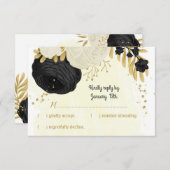 白黒の花金ゴールド結婚植物 出欠カード (正面/裏面)