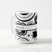 白黒の花、リングや輪、スプラッシュパターン コーヒーマグカップ (正面左)