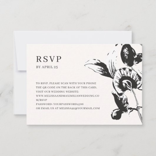 白黒の花QRコードオンライン結婚式RSVP 出欠カード (正面)