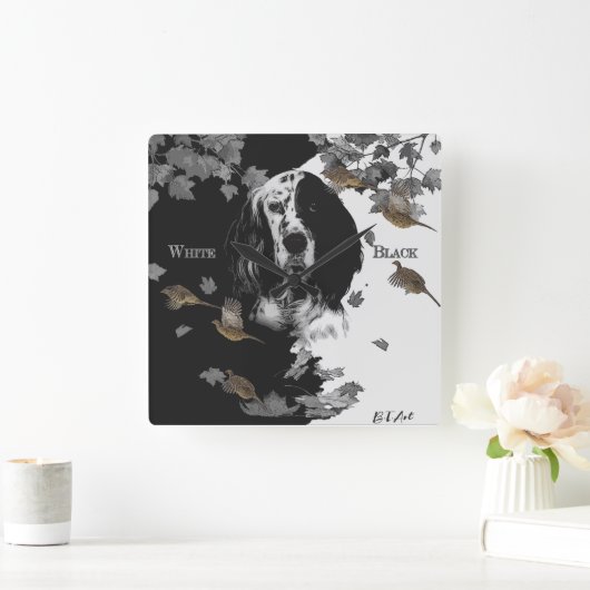 白黒の英語のセッター スクエア壁時計 (ホーム)