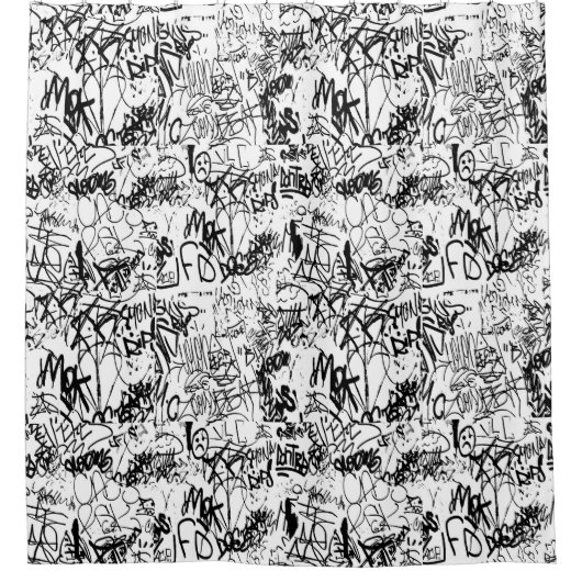 白黒の落書き抽象芸術コラージュ シャワーカーテン (正面)