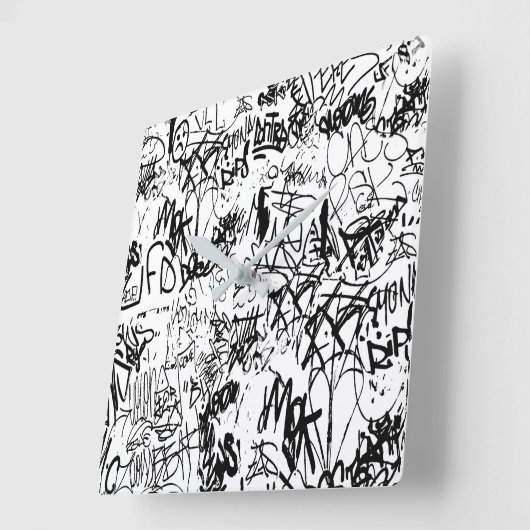 白黒の落書き抽象芸術コラージュ スクエア壁時計 (傾斜)