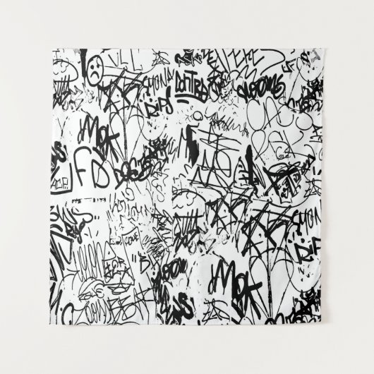 白黒の落書き抽象芸術コラージュ タペストリー (正面)