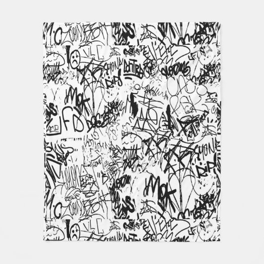 白黒の落書き抽象芸術コラージュ フリースブランケット (正面)