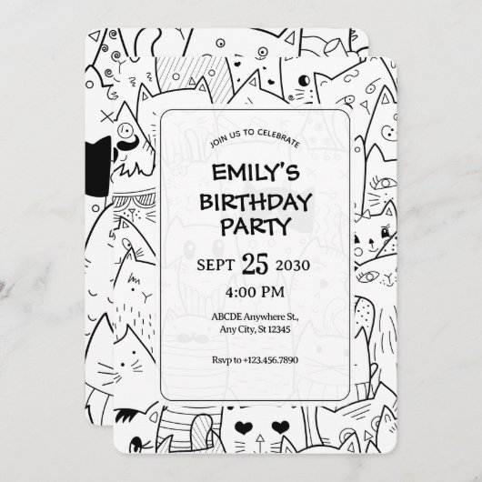 白黒の落書き猫 招待状 (正面/裏面)