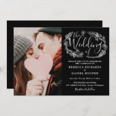 白黒の葉の台本の結婚写真 招待状 (正面/裏面)