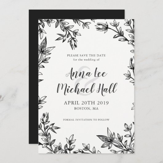 白黒の葉カスタム結婚式の日付を保存 セーブザデート (正面/裏面)