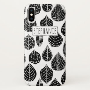 白黒の葉パターンと名前 iPhone X ケース