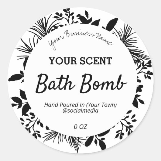 白黒の葉物製品ラベル ラウンドシール (正面)