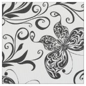 白黒の蝶と花のパターン ファブリック (クローズアップ)