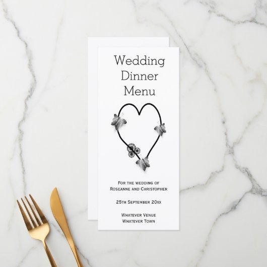 白黒の蝶のハート結婚の夕食 メニュー (正面/裏面インサイチュ)