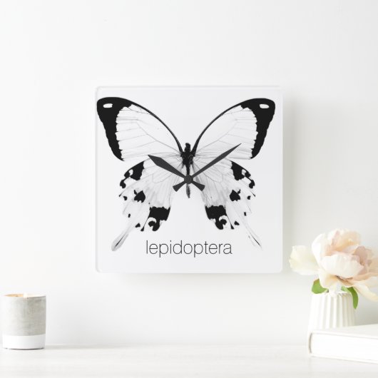 白黒の蝶の壁時計 スクエア壁時計 (ホーム)
