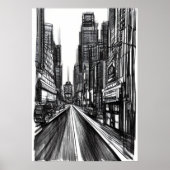 白黒の街通り | AIアートポスター ポスター (正面)