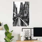 白黒の街通り | AIアートポスター ポスター (ホームオフィス)