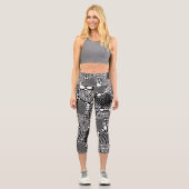 白黒の装飾ハートパターン カプリレギンス (正面)