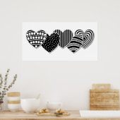 白黒の装飾ハート ポスター (キッチン)