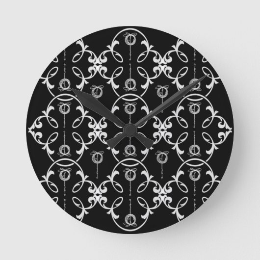 白黒の装飾模様 ラウンド壁時計 (正面)