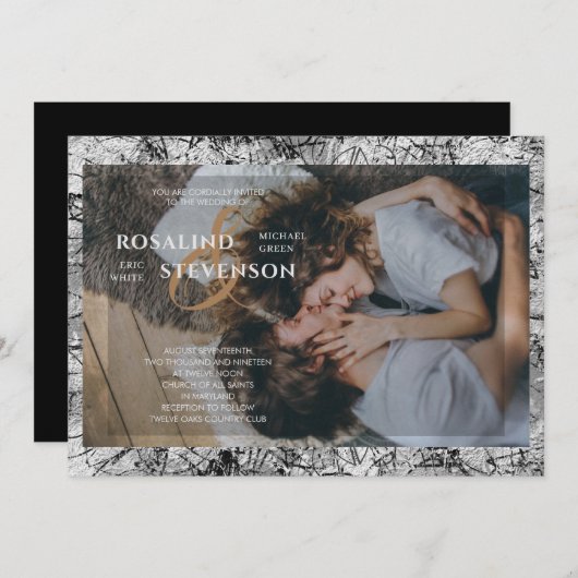 白黒の装飾用テクスチャフォト結婚ズ 招待状 (正面/裏面)
