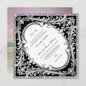 白黒の西ヴィンテージ華美フレー結婚ム 招待状 (正面/裏面)