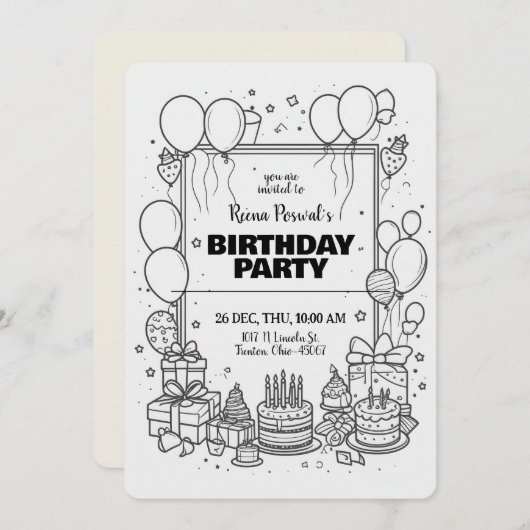 白黒の誕生日パーティー招待状 招待状 (正面/裏面)