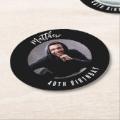 白黒の誕生日パーティー ラウンドペーパーコースター (アングル)