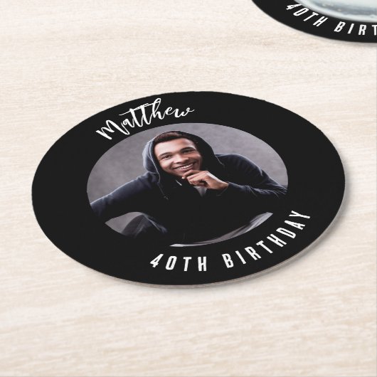 白黒の誕生日パーティー ラウンドペーパーコースター (アングル)