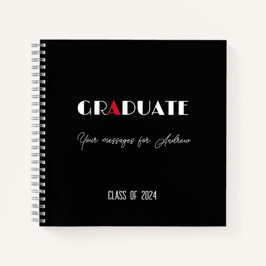 白黒の赤いスクリプト卒業名 ノートブック (正面)