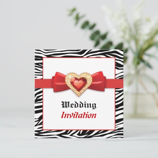 白黒の赤い宝石のゼブラ結婚プリント 招待状 (スタンド正面)