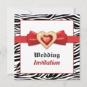 白黒の赤い宝石のゼブラ結婚プリント 招待状 (正面)