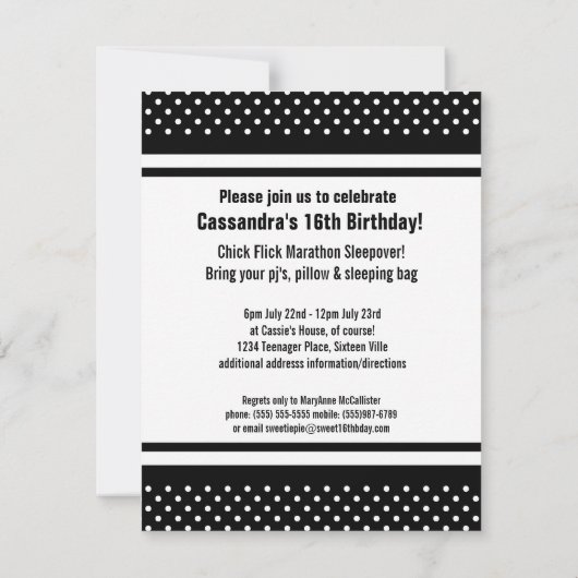 白黒の赤い水玉模様の女の子のパーティーの写真 招待状 (裏面)