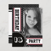 白黒の赤い水玉模様の女の子のパーティーの写真 招待状 (正面/裏面)