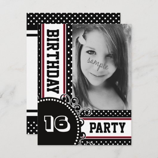 白黒の赤い水玉模様の女の子のパーティーの写真 招待状 (正面/裏面)