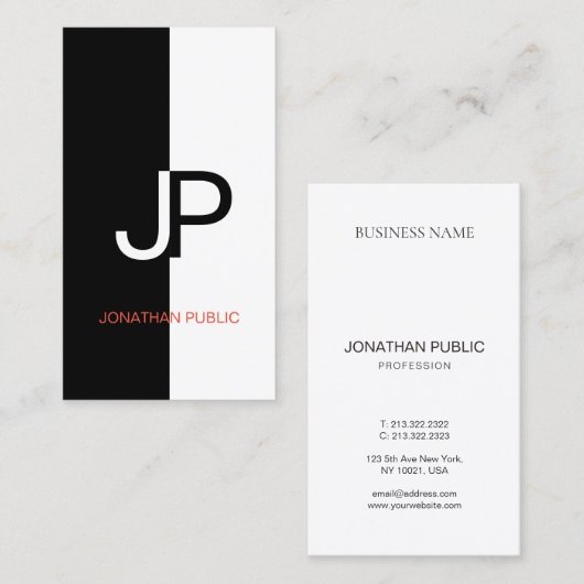 白黒の赤くエレガントなデザインのトレンディーのモノグラム 名刺 (正面/裏面)