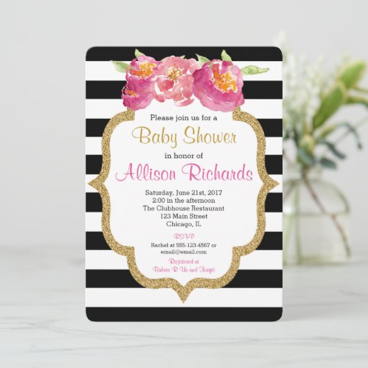 白黒の赤ストライプちゃんシャワー招待 招待状 (スタンド正面)