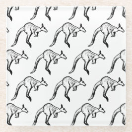 白黒の跳ねるカンガルー スケッチ ガラスコースター