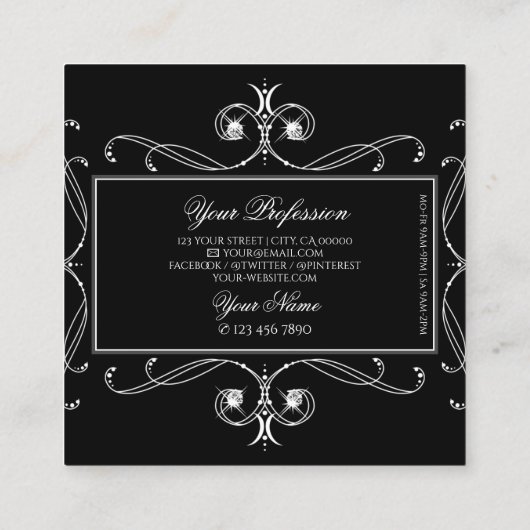 白黒の輝く宝石の華美オーナメント スクエア名刺 (裏面)