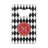 白黒の道化師パターン、赤いモノグラム クレジットカード栓抜き (裏面)