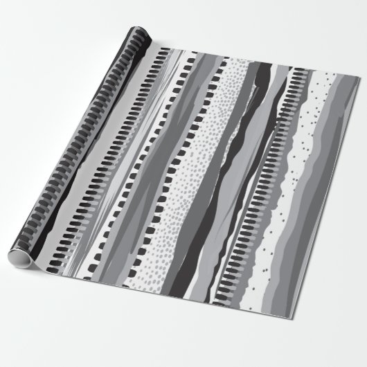 白黒の部族の手描き模様 ラッピングペーパー (アンロールド)