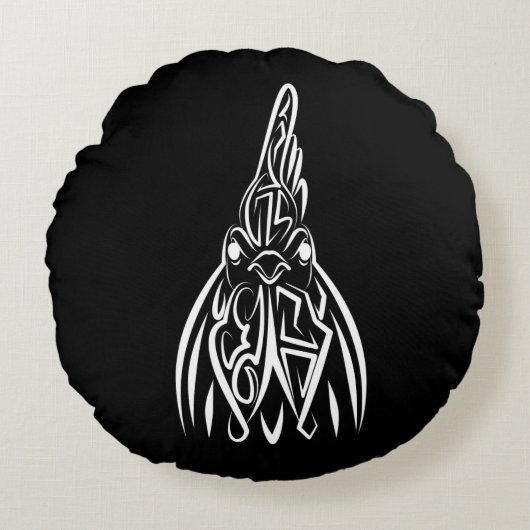 白黒の部族の鶏 ラウンドクッション (正面)