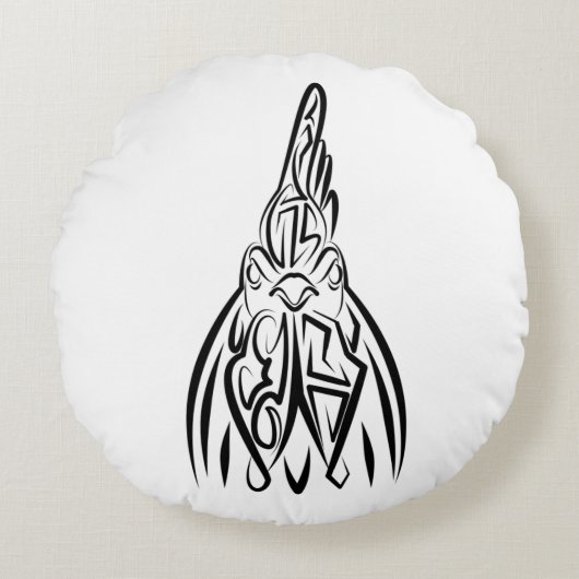 白黒の部族の鶏 ラウンドクッション (正面)
