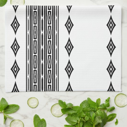 白黒の部族アステカパタストライプのーン キッチンタオル (折り畳み)