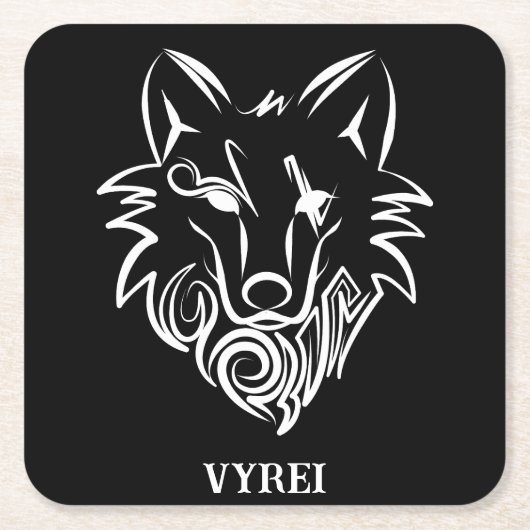 白黒の部族オオカミ スクエアペーパーコースター (正面)
