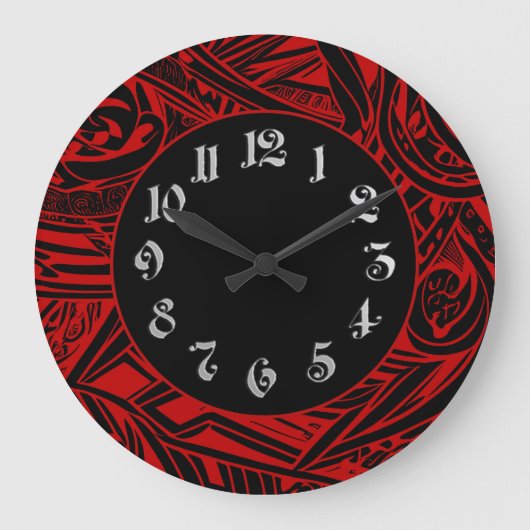 白黒の部族抽象芸術 ラージ壁時計 (正面)