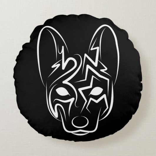 白黒の部族犬 ラウンドクッション (正面)