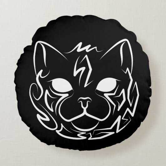 白黒の部族猫 ラウンドクッション (正面)