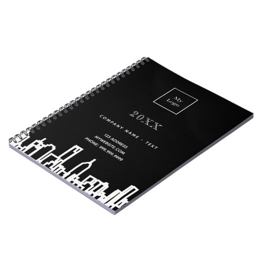 白黒の都市スカイライン モダン ビジネス ロゴ ノートブック (左側)