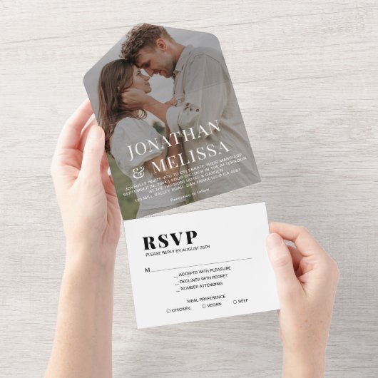 白黒の重ねシンプル合わせフォト結婚ズ オールインワン招待状 (貼ってはがせる)